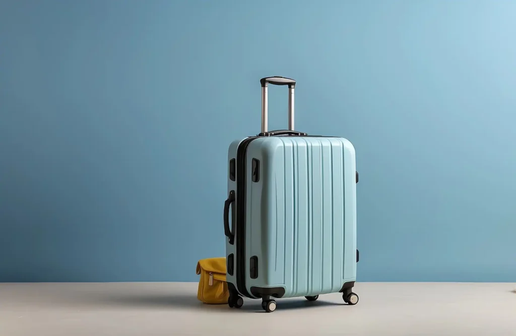 Nell'immagine, il primo piano su un trolley azzurro con, di fianco, una borsetta gialla.